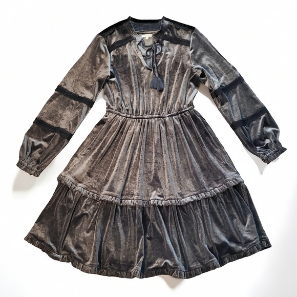 Kate And Sam Womens S Velvet Grey Boho Prairie Mini Dress Tiered Ruffle  Stretch - Picture 1 of 8